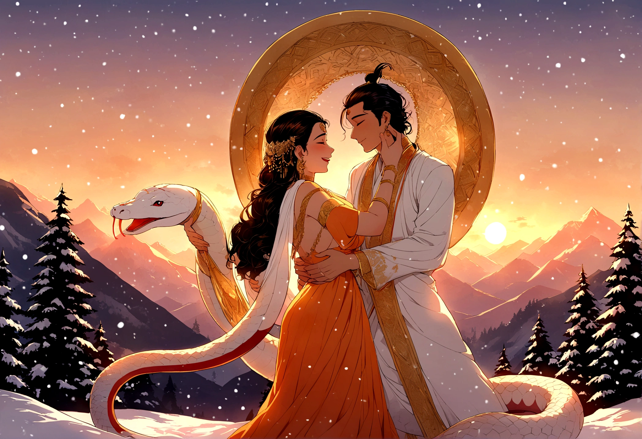 Lord Shiva love lord parvathi Himalayas,sunset,snowfall,trees,god,golden hour,snake,blue,orange,happy, marriage, romantic