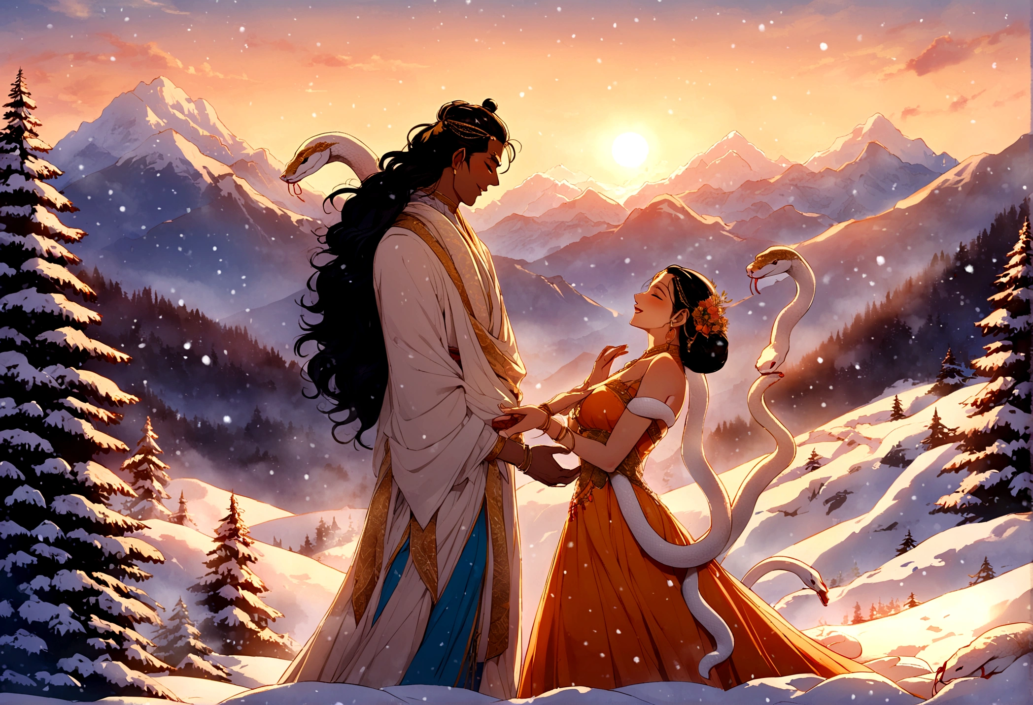 Lord Shiva love lord parvathi Himalayas,sunset,snowfall,trees,god,golden hour,snake,blue,orange,happy, marriage, romantic