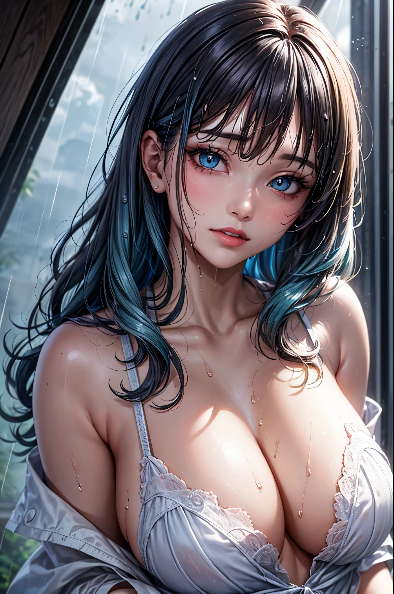 (best quality, masterpiece :1.3), pretty Woman, 1 girl, (Large Breasts, Beautiful clavicle, Attractive figure :1.2), short hair, Wavy ends, silver hair gradient blue hair, messy hair, single sidelock, (wet from rain, get wet by rain, wet :1.2), Sky blue gradient emerald eyes, pupils reflect surroundings, super detailed face, delicate lips, exquisite eyes, double eyelids, long upper eyelashes, upturned eyes, pupils sparkling, 16k, high details, CG unity