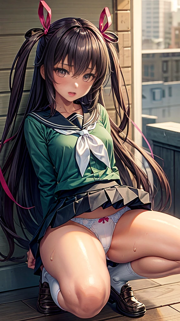 Highest quality,masterpiece,8K,One girl,Medium chest,orgasm,blush, Sweat,mini skirt,Lift up your skirt,Under the skirt,White panties,mizuki yukikaze,Hair Ribbon, Green Shirt, Seraphim, White neckerchief, Long sleeve, Pleated skirt, Black Skirt, Black knee socks, loafers,squat,Leg spread