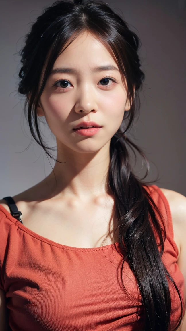Highest quality,4K,8K,High resolution,Tabletop:1.2),Super detailed,(Realistic,Photorealisticです,Photorealistic:1.37),Beautiful and delicate blue eyes,long black hair in a high bun,detailed red veil,Sharp focus,Professional,Vibrant colors,Dark Background,Studio Lighting、smile、Wearing a T-shirt、The face looks good、Chin slightly up、I'm in a cafe、Short hair、