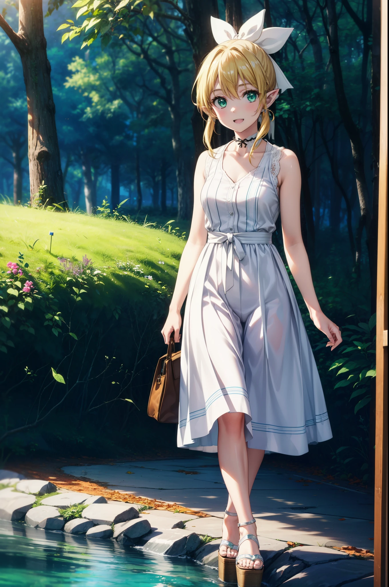 Suguhakirigaya, Suguhakirigaya, Long Hair,Blonde,Green Eyes,Pointy Ears,happy smile, smile, Open your mouth,hair ribbon,ponytail,White sleeveless dress, bare arms,Green long skirt,Cute Sandals,Walking,Clear skies,whole bodyがイラストに入るように,There are a lot of trees,
break outdoors, nature, forest, river,forest林,
break looking at viewer, whole body,
break (masterpiece:1.2), Highest quality, High resolution, unity 8k wallpaper, (shape:0.8), (Beautiful attention to detail:1.6), Highly detailed face, Perfect lighting, Extremely detailed CG, (Perfect hands, Perfect Anatomy),