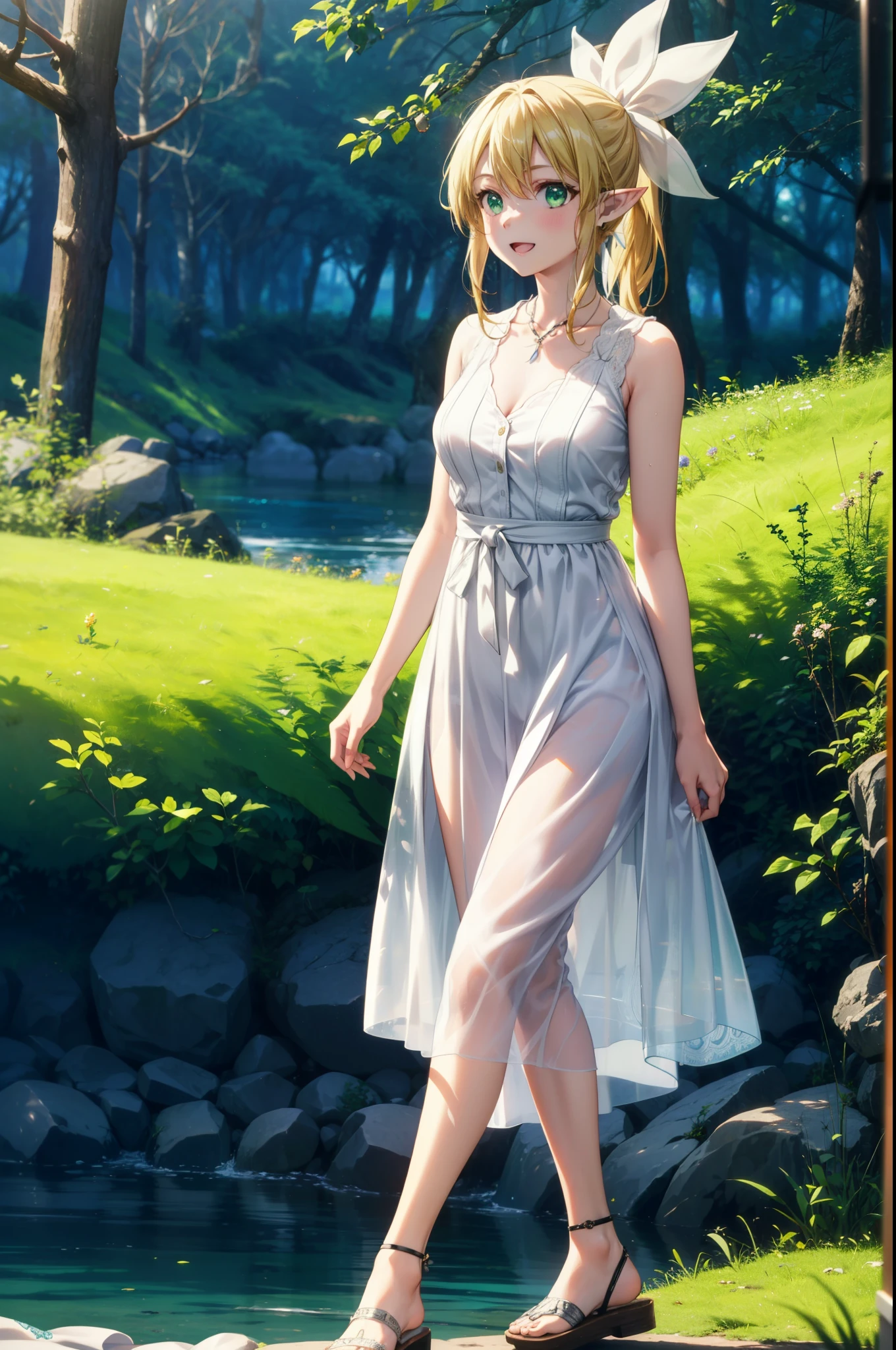 Suguhakirigaya, Suguhakirigaya, Long Hair,Blonde,Green Eyes,Pointy Ears,happy smile, smile, Open your mouth,hair ribbon,ponytail,White sleeveless dress, bare arms,Green long skirt,Cute Sandals,Walking,Clear skies,whole bodyがイラストに入るように,There are a lot of trees,
break outdoors, nature, forest, river,forest林,
break looking at viewer, whole body,
break (masterpiece:1.2), Highest quality, High resolution, unity 8k wallpaper, (shape:0.8), (Beautiful attention to detail:1.6), Highly detailed face, Perfect lighting, Extremely detailed CG, (Perfect hands, Perfect Anatomy),
