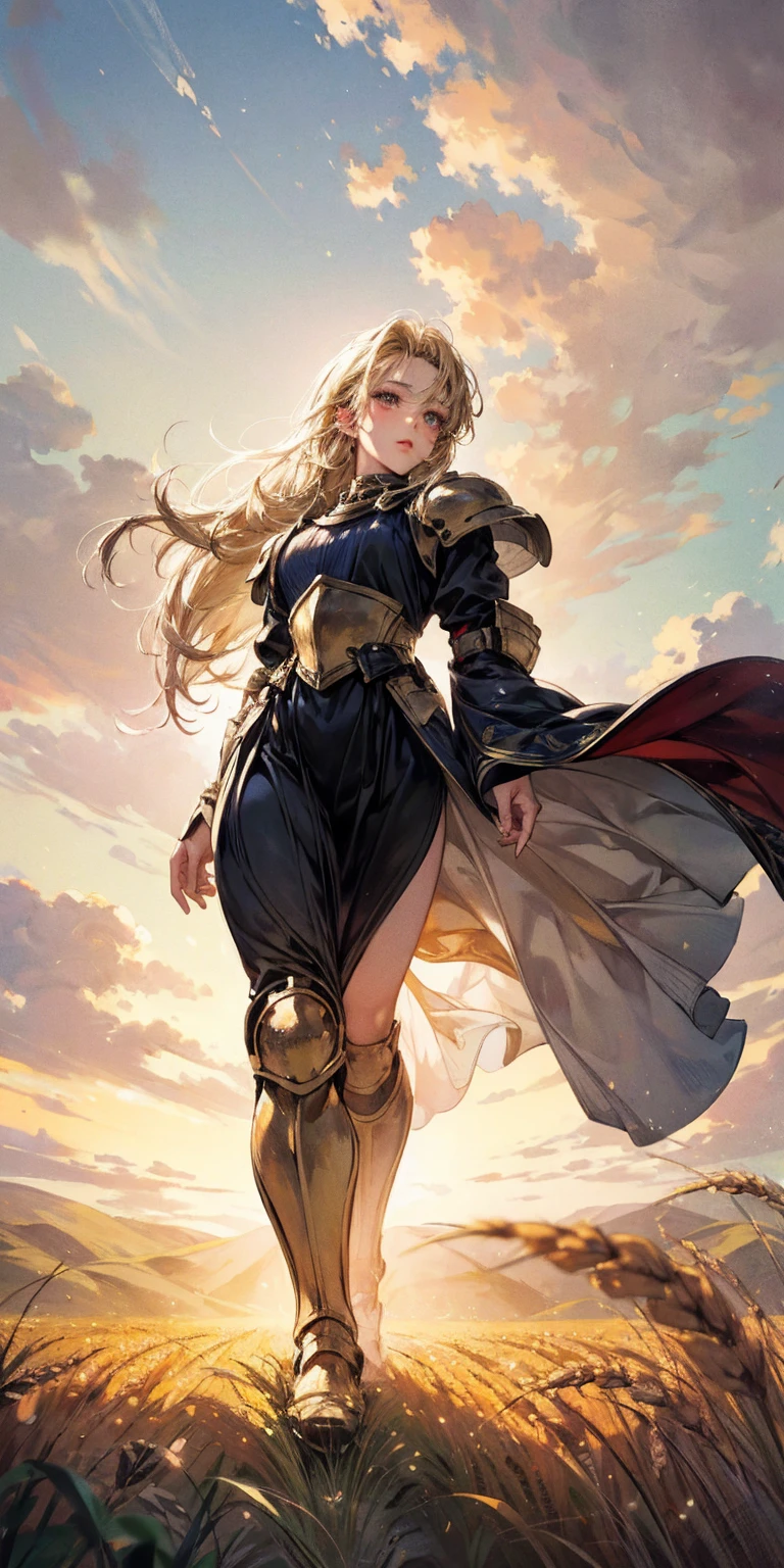 stunning painting of a knight with blonde hair, wheat field, epic clouds ((painterly)) ((impressionist)) vibrant, soft edges (((warm glow))) full body whole body view from below 1sologirl, feet together