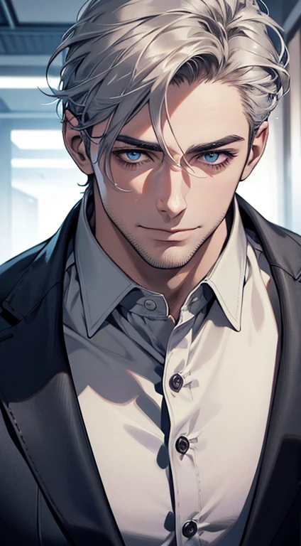 (best quality,4k,8k,highres,masterpiece:1.2),ultra-detailed,(realistic,photorealistic,photo-realistic:1.37),1 man,31 years old,mature man,very handsome,without expression,smile,short grey silver hair,blue eyes,penetrating gaze,perfect face without errors,imposing posture,businessman,office background,cinematic lighting,hdr image