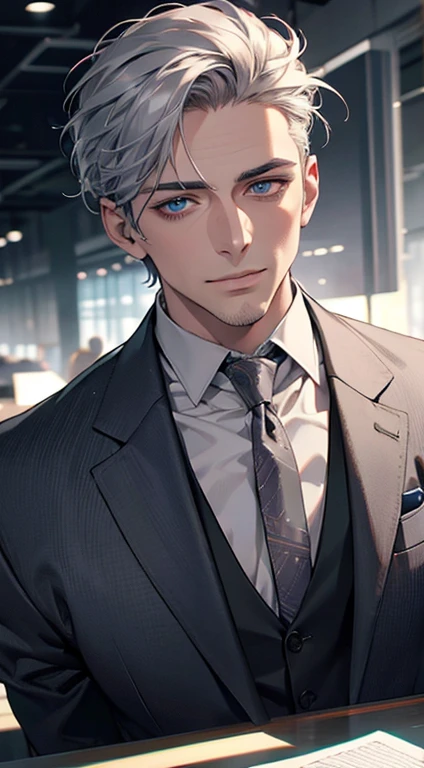 (best quality,4k,8k,highres,masterpiece:1.2),ultra-detailed,(realistic,photorealistic,photo-realistic:1.37),1 man,31 years old,mature man,very handsome,without expression,smile,short grey silver hair,blue eyes,penetrating gaze,perfect face without errors,imposing posture,businessman,office background,cinematic lighting,hdr image