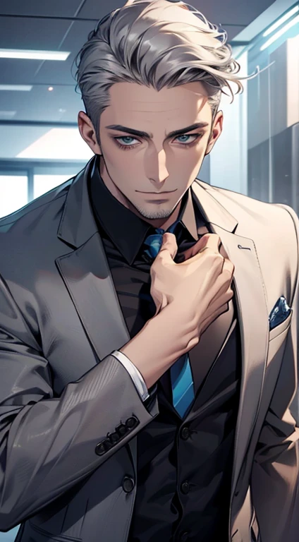 (best quality,4k,8k,highres,masterpiece:1.2),ultra-detailed,(realistic,photorealistic,photo-realistic:1.37),1 man,31 years old,mature man,very handsome,without expression,smile,short grey silver hair,blue eyes,penetrating gaze,perfect face without errors,imposing posture,businessman,office background,cinematic lighting,hdr image
