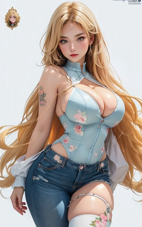 (((Full and soft breasts,)))(((Huge breasts)))((((Cleavage)))))) (Perfect curvy figure)(masterpiece,best quality,Extremely detailed,high resolution,illustration:1.2),Extremely detailed的壁纸,Official Art, Astonishing,High Detail,Extremely detailed,Extremely detailed 8k wallpaper,(role conception),(Simple background, White background: 1.3),(1 Girl),(Solitary),(Young Girls:1.2),(Taimaning Set),Sexy,Perfect anatomical structure,Pretty Face,Fluffy hairstyle,blond hair color,Large Breasts,Cowboy shooting,permanent,Looking at the audience