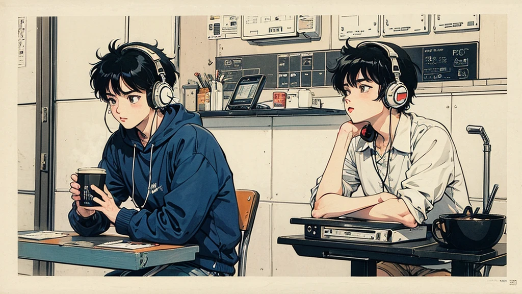 1 boy, 80s anime style, I have headphones on, coffee, Retro, Lo-Fi
