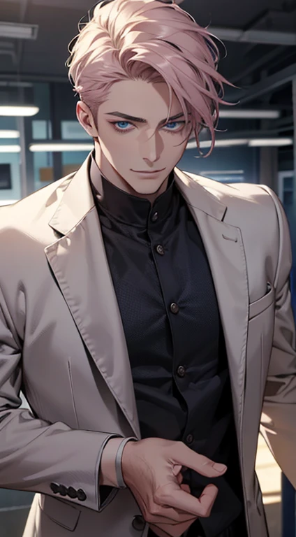 (best quality,4k,8k,highres,masterpiece:1.2),ultra-detailed,(realistic,photorealistic,photo-realistic:1.37),1 man,31 years old,mature man,very handsome,without expression,smile,short grey pink hair,blue eyes,penetrating gaze,perfect face without errors,imposing posture,businessman,office background,cinematic lighting,hdr image