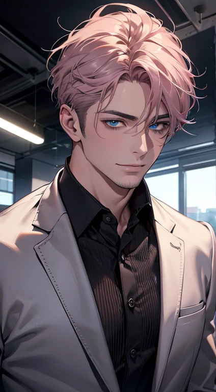 (best quality,4k,8k,highres,masterpiece:1.2),ultra-detailed,(realistic,photorealistic,photo-realistic:1.37),1 man,31 years old,mature man,very handsome,without expression,smile,short grey pink hair,blue eyes,penetrating gaze,perfect face without errors,imposing posture,businessman,office background,cinematic lighting,hdr image