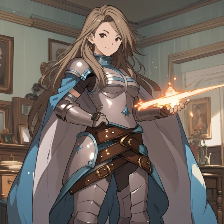 katalina (granblue fantasy), solo, 1girl, armor, gauntlets, belt, breastplate, shoulder armor, cape, cape covers, pauldrons, pants, room, smile, standing, best quality, masterpiece