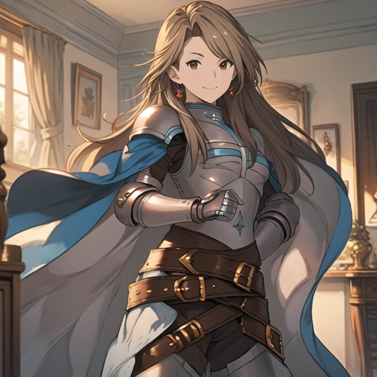 katalina (granblue fantasy), solo, 1girl, armor, gauntlets, belt, breastplate, shoulder armor, cape, cape covers, pauldrons, pants, room, smile, standing, best quality, masterpiece 