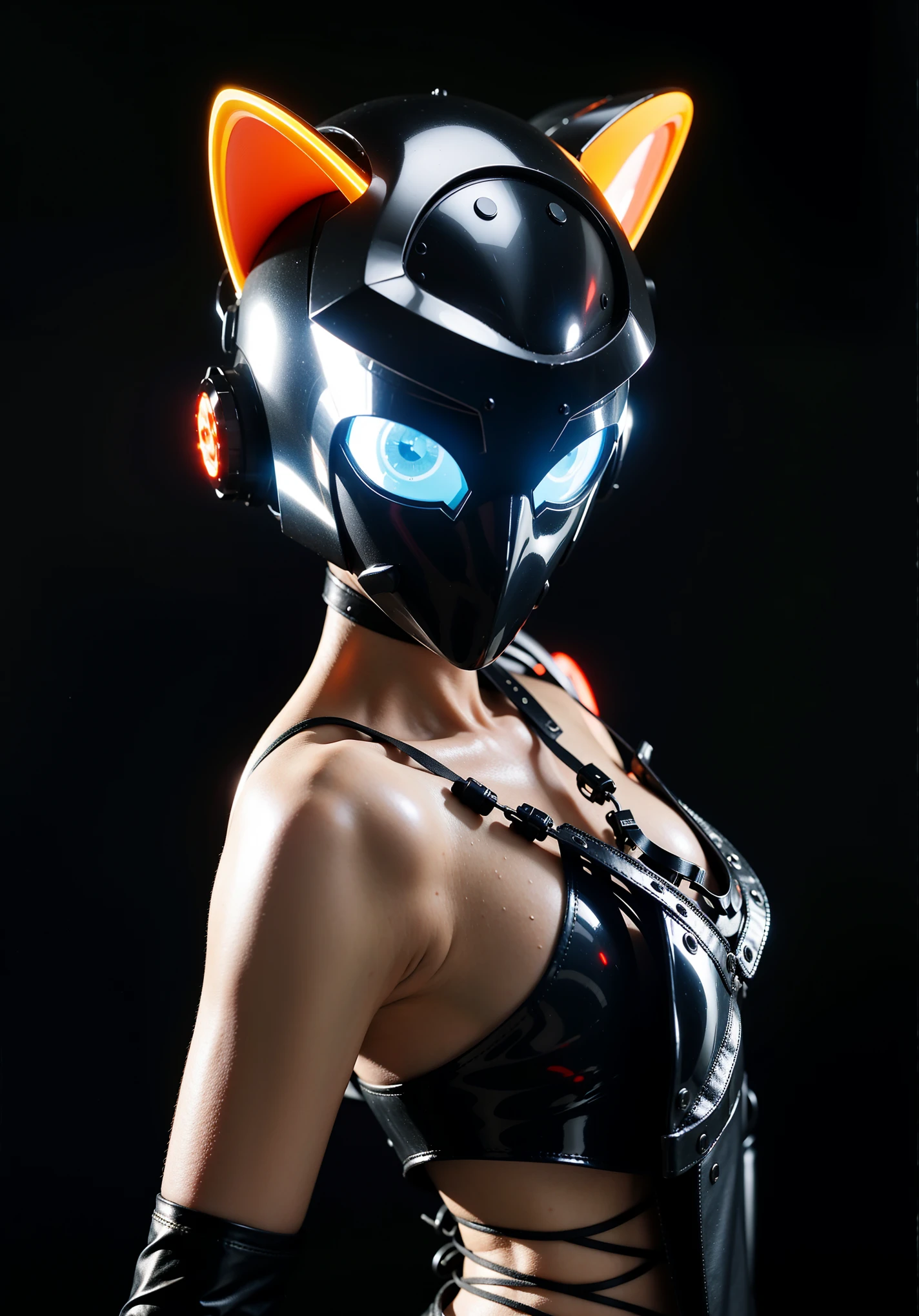 Fantasy cyberpunk world，1 Mechanical wonder，Defending world order；Samurai Mechanical Armor，Equip transparent weapons，Streamlined black and red design，Draped in a black cloak，A large portion，Suitable for one person，Highest quality art，8K ultra-high resolution，Dynamic Lighting，Just as brilliant，Vibrant colors，Wear a high-tech steel suit，Wearing a cyberpunk space helmet，Luminous Mechanical Protective Mask，Future high-tech mechanical armor，Ex Machina，Glowing mechanical helmet