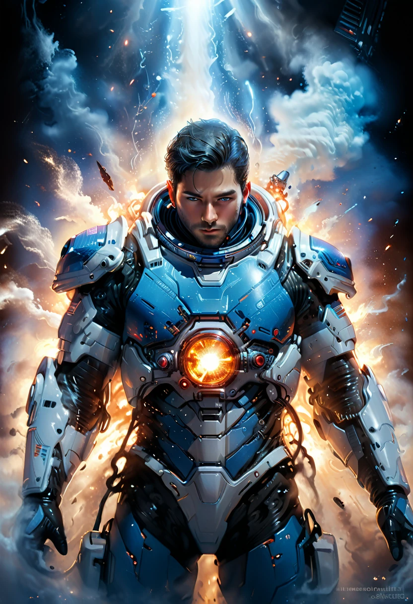 Perfect Anatomy Close-up of a man in a spacesuit standing in front of a spaceship holding a gun (Combat dynamic poses) Spaceship edge explosion fire battle sci-fi smoke rotating blue light surround movie scene surreal intricate sci-fi digital art illustration edge blue light light and shadow effect best quality detailed portrayal sci-fi digital art illustration extremely delicate art work ultra-precision art,Stunning digital art