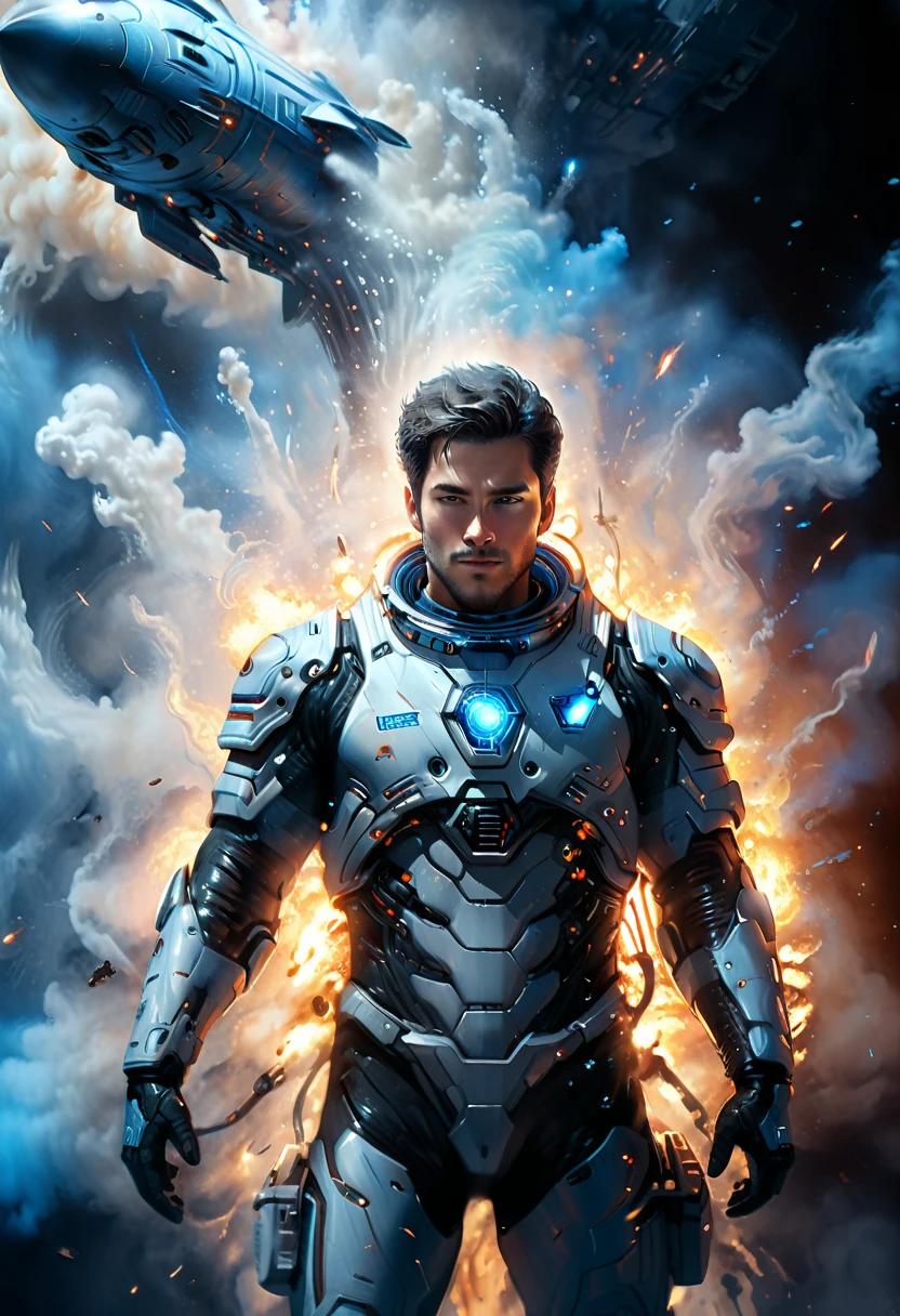 Perfect Anatomy Close-up of a man in a spacesuit standing in front of a spaceship holding a gun (Combat dynamic poses) Spaceship edge explosion fire battle sci-fi smoke rotating blue light surround movie scene surreal intricate sci-fi digital art illustration edge blue light light and shadow effect best quality detailed portrayal sci-fi digital art illustration extremely delicate art work ultra-precision art,Stunning digital art