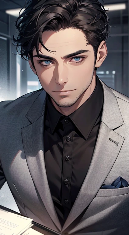 (best quality,4k,8k,highres,masterpiece:1.2),ultra-detailed,(realistic,photorealistic,photo-realistic:1.37),1 man,31 years old,mature man,very handsome,without expression,smile,short grey black hair,blue eyes,penetrating gaze,perfect face without errors,imposing posture,businessman,office background,cinematic lighting,hdr image