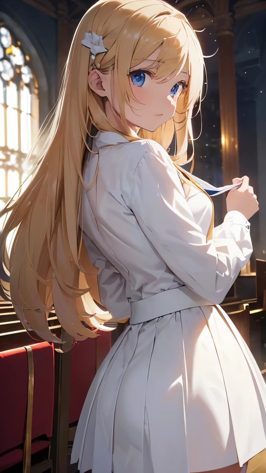 (Highest quality)(1 woman,single,long hair,golden hair,blue eyes,sexy figure ,White suit shirt,white skirt,Turn to look at the viewer,ยืนอยู่ในa church,Beautiful lighting.(a church, see mirror, Detailed background (little light pollution)) look back