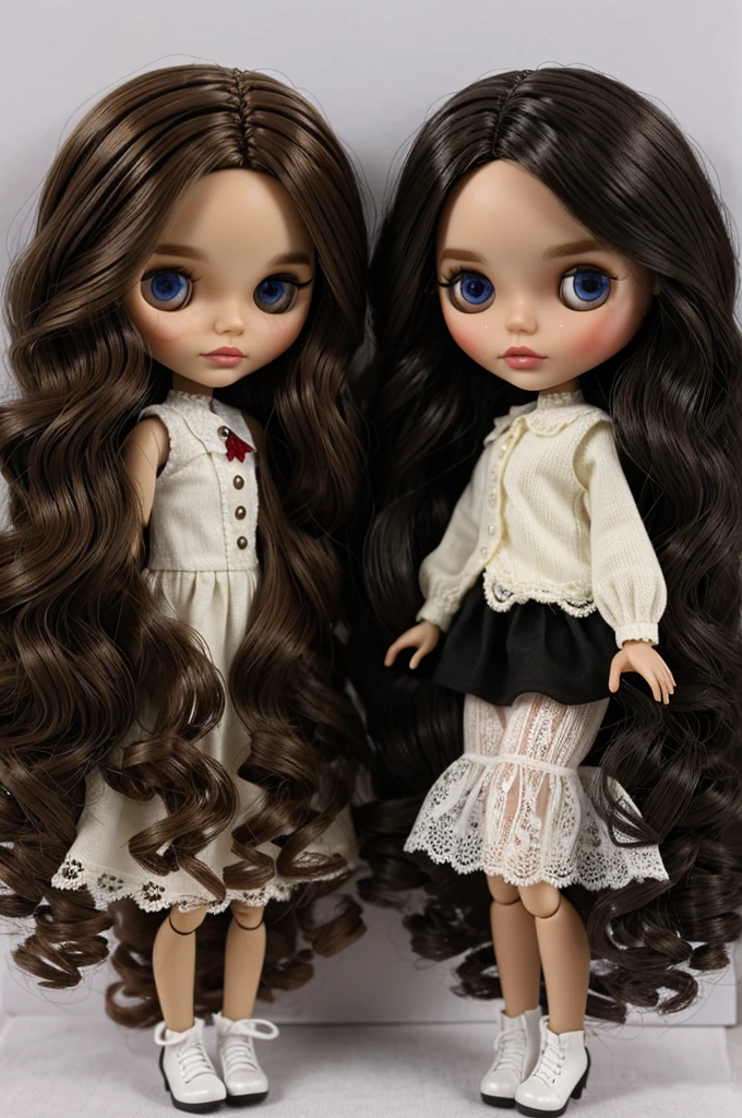Blythe dolls by dark chocolate, galluza but placed on the sides, wavy hair 2c, half brunette, don&#39;t have blush,bright dark chocolate eyes and a pastel pink dress 