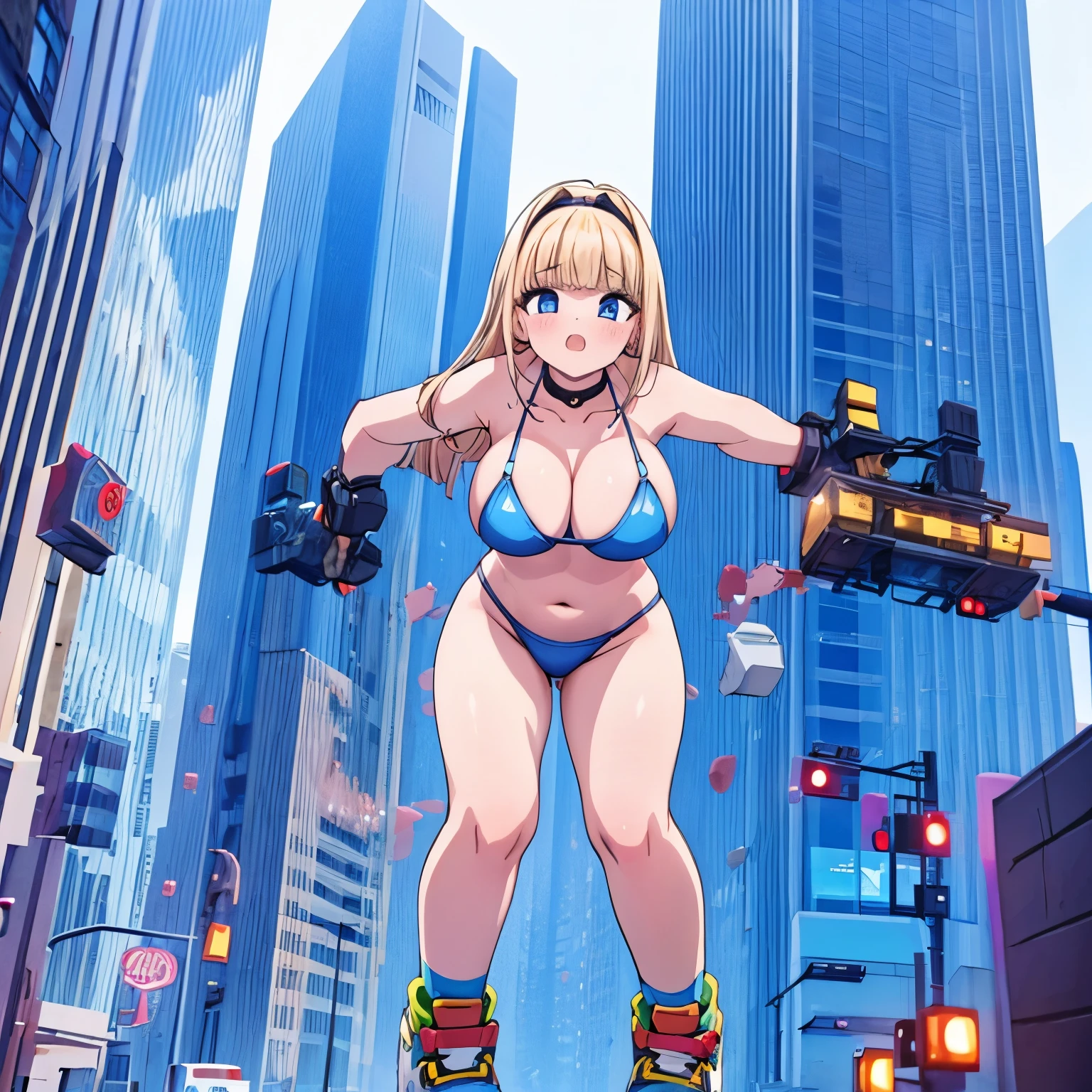 realistic 90's giant girl on the road of the big city girl in bikini swimsuit female giant giant girl Whole body sneakers Destroyed skyscrapers Destroyed cars Crowd Unreal Engine, ,anmnr,giantess,giant girl,Big city, valley between buildings, h