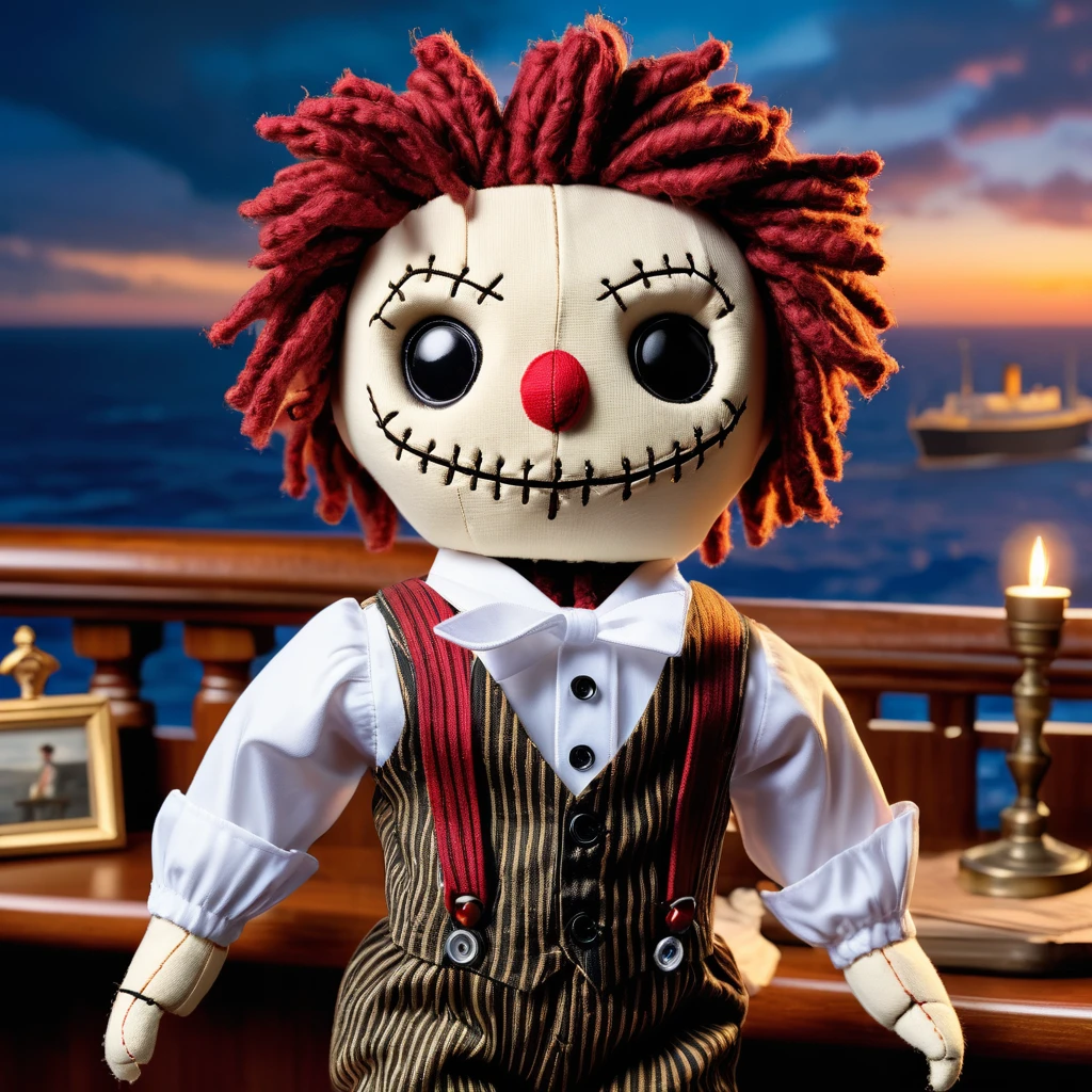 (knitted toy voodoo doll:1.5), (Voodoo Doll as Jack from Titanic:1.3), (Clothing: 1912-era outfit with suspenders and white shirt:1.0), (Accessories: enchanted sketchbook emitting a nostalgic glow, floating sketches:1.1), (background: grand Titanic deck with ocean views, elegant railings, and a majestic atmosphere:1.2), best quality, masterpiece, detailed soft oil painting, detailed background, dramatic cinematic lighting, soft edge lighting, professional, dramatic lighting, hard edge lighting, ultra quality, 4k, masterpiece, best quality, 8k, ultra high definition, high resolution, extremely detailed