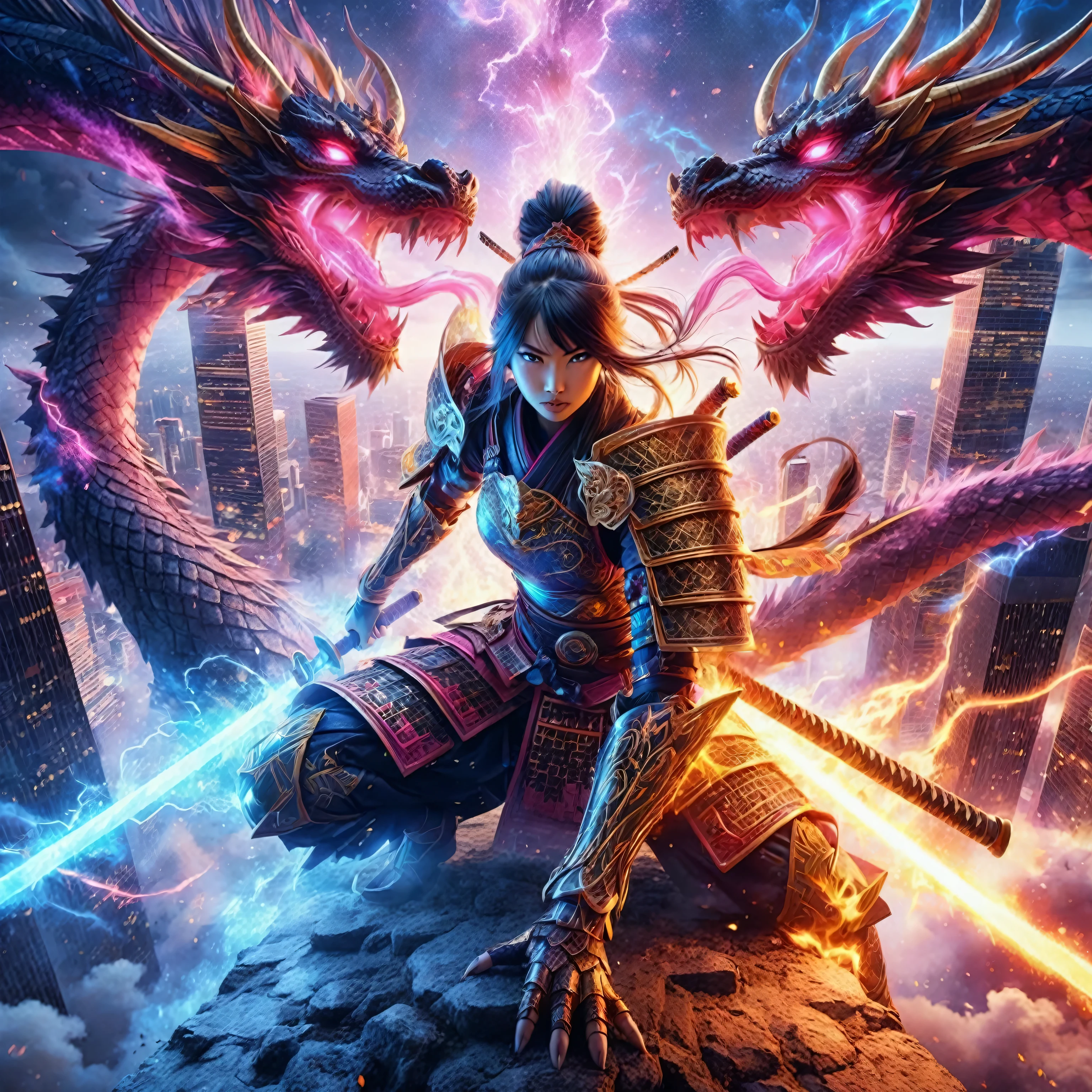 Angle shot of high ground, skyscrapers on low ground, portrait of an beautiful female samurai warrior fighting with the three of giant dragon, The dragon amazing flame burst fire, facing the camera, angry, body decorated with glowing gold runes, pink and blue glowing aura around her, dynamic body epic action pose, full body WARIOR armor, jet black smoke feathers, the pink and blue milky way at night, lightning flash, intricate details surreal fantasy warior art, 16k.