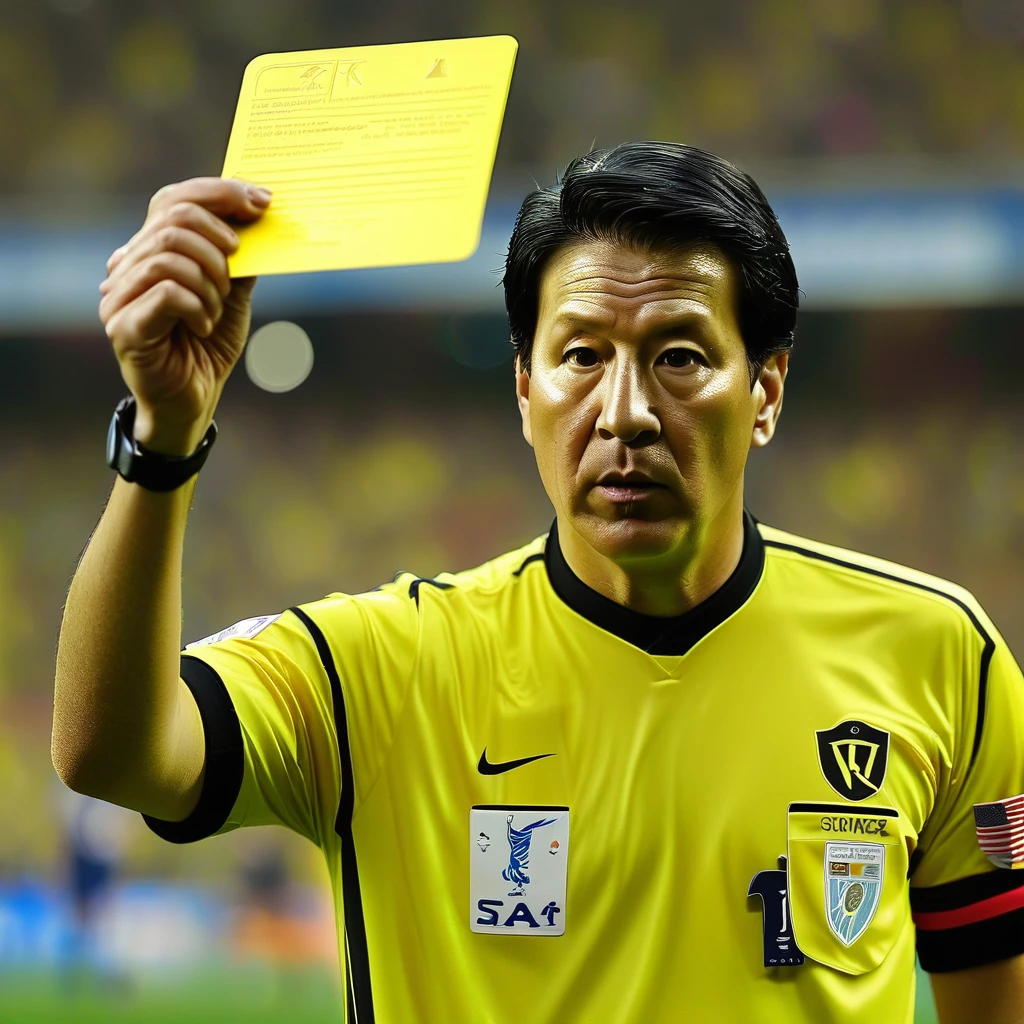 soccer, Referee holding up a yellow card, 16K,Best masterpiece, Very detailed, Highest quality