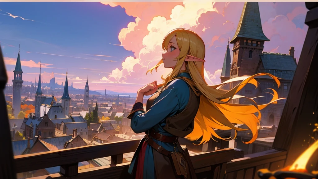 Anime Style,Nostalgic,Detailed background,The medieval world,A lively bar with lots of people,Beautiful sky,Beautiful Elf with a Bard's Smile,guitar,Large Breasts,Healthy thighs