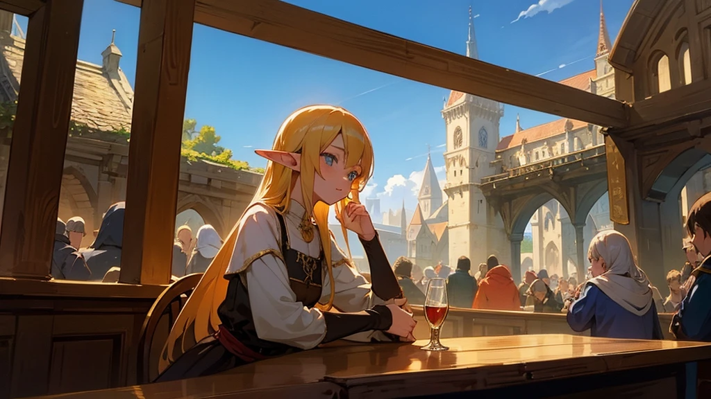 Anime Style,Nostalgic,Detailed background,The medieval world,A lively bar with lots of people,Beautiful sky,Beautiful Elf with a Bard&#39;s Smile,guitar,Large Breasts,Healthy thighs