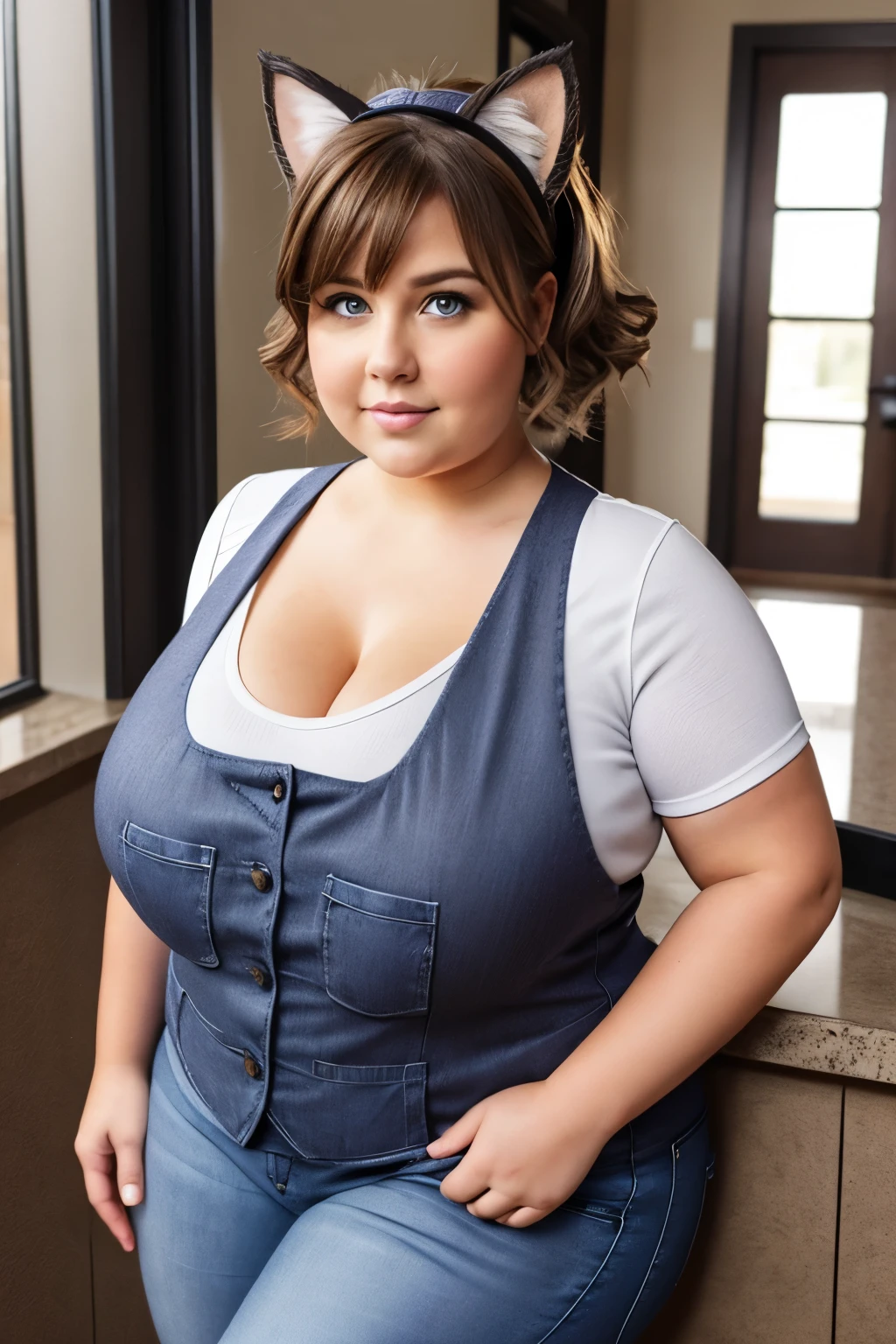 chubby, woman, thick waist, large chest, brown hair, short messy hair, gray cat ears on head, blue eyes, gray jeans, long purple vest , black combat boots, fat, larger body, chubby face, face with blush, cleavage visable, boob window