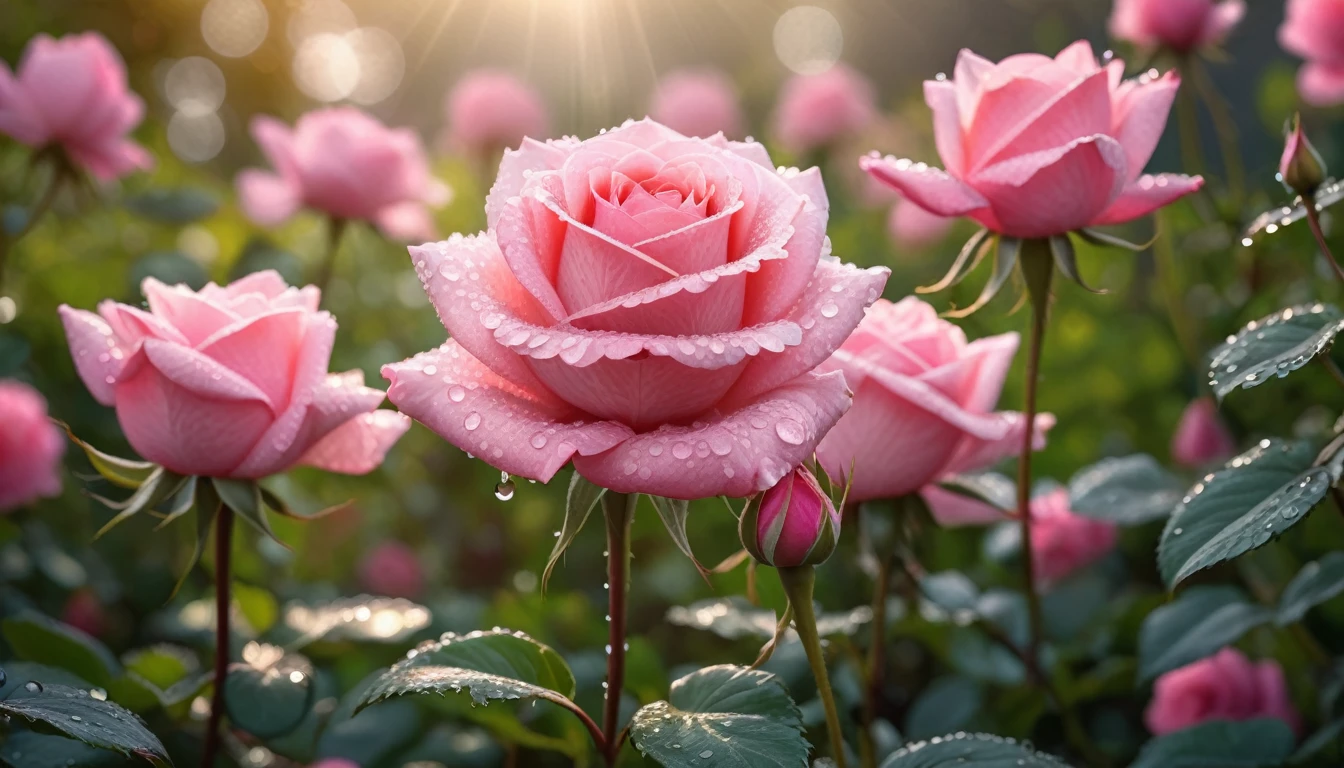 Many pink color rose flowers in the garden and sunlight with bokeh, dew drops on flower petals,automatic optional scene (masterpiece, ultra quality, high resolution, 8k, intricate: 1.2), (masterpiece), (best quality:1)