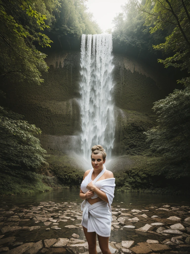 solo, photorealistic, wide shot, best quality, hyper detailed, 25 years old Circasssian woman, mature-looking face, boobies, high detailed deep wrinkles, beauty mark, intricate, (((messy bun blonde))), Circassian facial features, (((she is wrap in a towel, body towel wrap, white towel, thigh, body towel))), Looking at the viewer, stand, pose standing, lakes, (((view of the lake in the middle of the forest, waterfall))), rainfall, sunlight. Ultra photoreal shot. High details, Backlit. Diffuse lights. Viewed from afar. Dutch angle. realistic hands, wide angle. Isometric, green fog in cave, smoke around))), dynamic pose