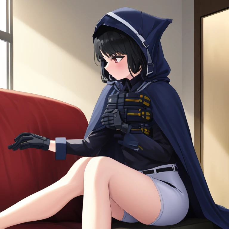 Solo, 1girl, dnikke, long sleeves, hood up, black shirt, gloves, shorts, cloak, cape, belt, tactical clothes, room, sitting 