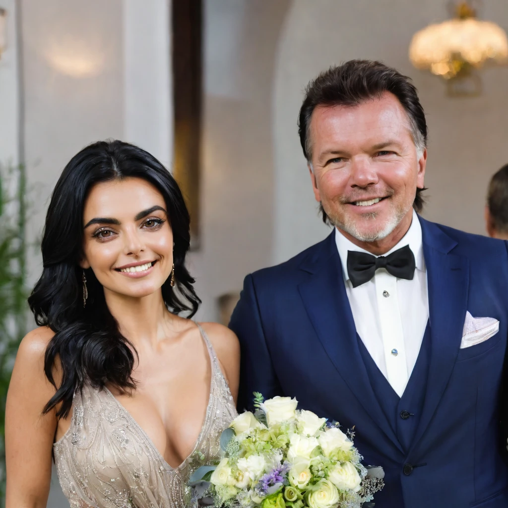 Ayslinn Derbez is 25 years old and Lothar matthäus is 35 years old, she have long hair, they are happy, they are wearing formal clothes, romantic, palace reception