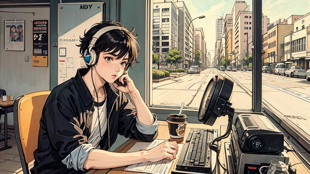 1 boy, 80s anime style, I have headphones on, coffee, Retro, Lo-Fi