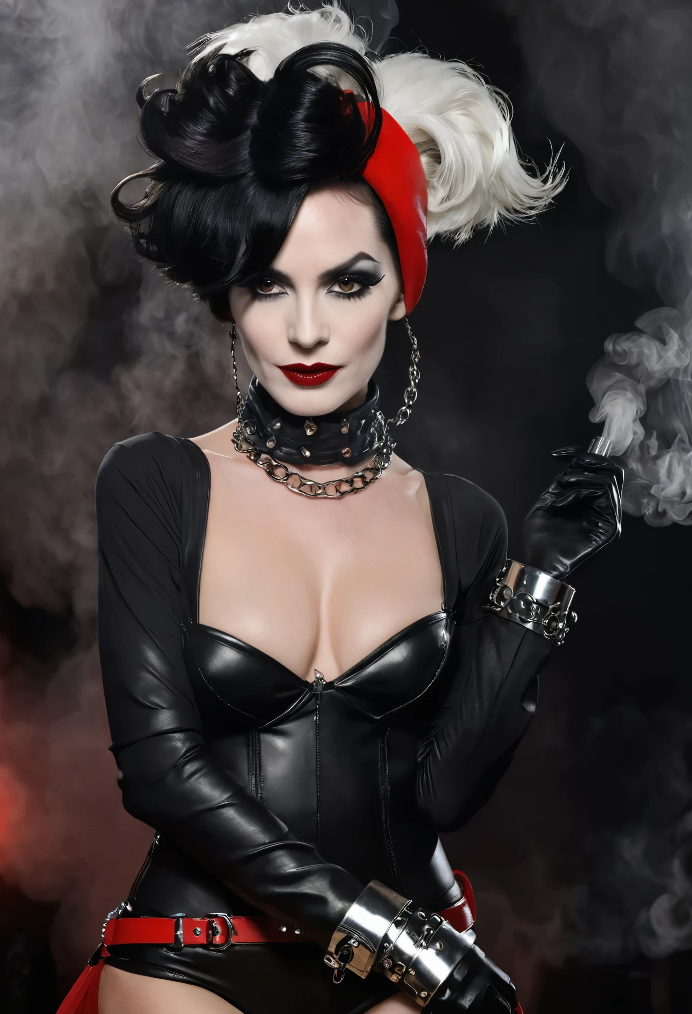 Very thin. Naked sexy Cruella de ville in bdsm style. A very magnificent hairstyle. Shiny steel bracelets on top of black gloves. and Shiny steel bracelet necklaces are on her wrists. She wears a leather harness over her head and face. Leather garters on his feet.. Red, thick smoke in the background.