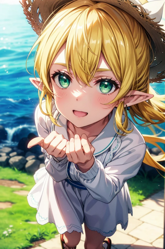 Suguhakirigaya, Suguhakirigaya, Long Hair,Blonde,Green Eyes,Pointy Ears,happy smile, smile, Open your mouth,White straw hat,White sleeveless dress, bare arms,Green long skirt,Cute Sandals,Walking,Clear skies,whole bodyがイラストに入るように,
break outdoors, nature, forest, 
break looking at viewer, whole body,
break (masterpiece:1.2), Highest quality, High resolution, unity 8k wallpaper, (shape:0.8), (Beautiful attention to detail:1.6), Highly detailed face, Perfect lighting, Extremely detailed CG, (Perfect hands, Perfect Anatomy),