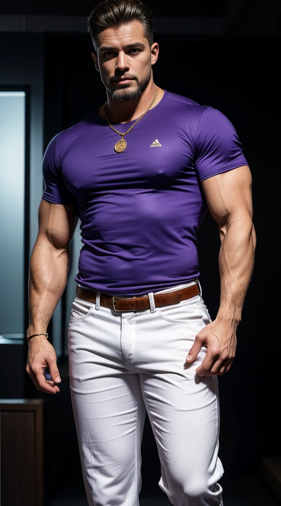 Handsome dutch man, muscular , Alpha male, goatee, calvo, Casual dress white pants and lilac shirt., pantalón casual,gold jewelry, strong and muscular legs, big lump, large lump, Masterpiece, ultra realistic, high detail, movie poster, fondo claro , 8k, Clear, dynamic pose, crazy details, hyperrealistic, fondo claro minimalista, detallado, nitidez espectacular , brazos cruzados al pecho , manos varoniles , de perfil mostrando las nalgas