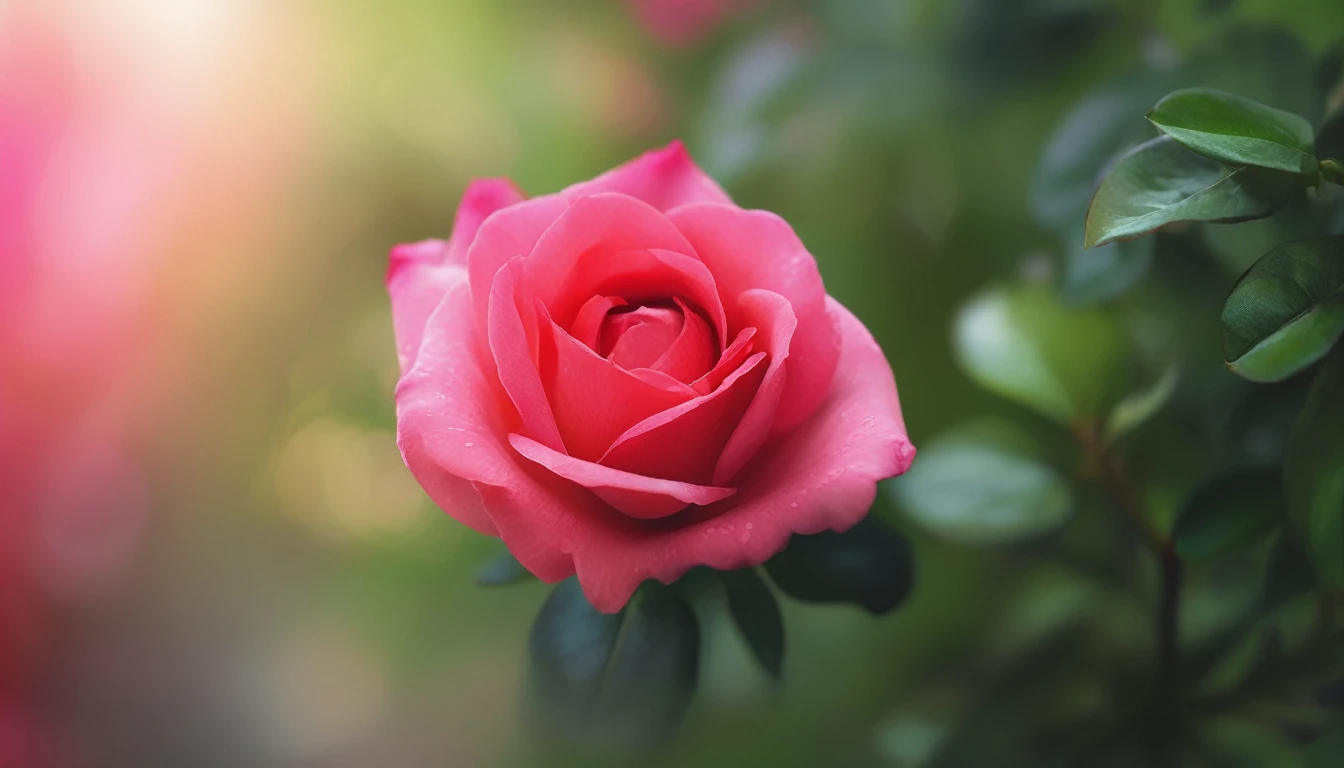 Close-up of vivid red and pink rose centered in the frame, soft focus on surrounding lush green foliage, defocused background creating a bokeh effect, nature's palette in full display, natural light, ultra fine details, digital painting
