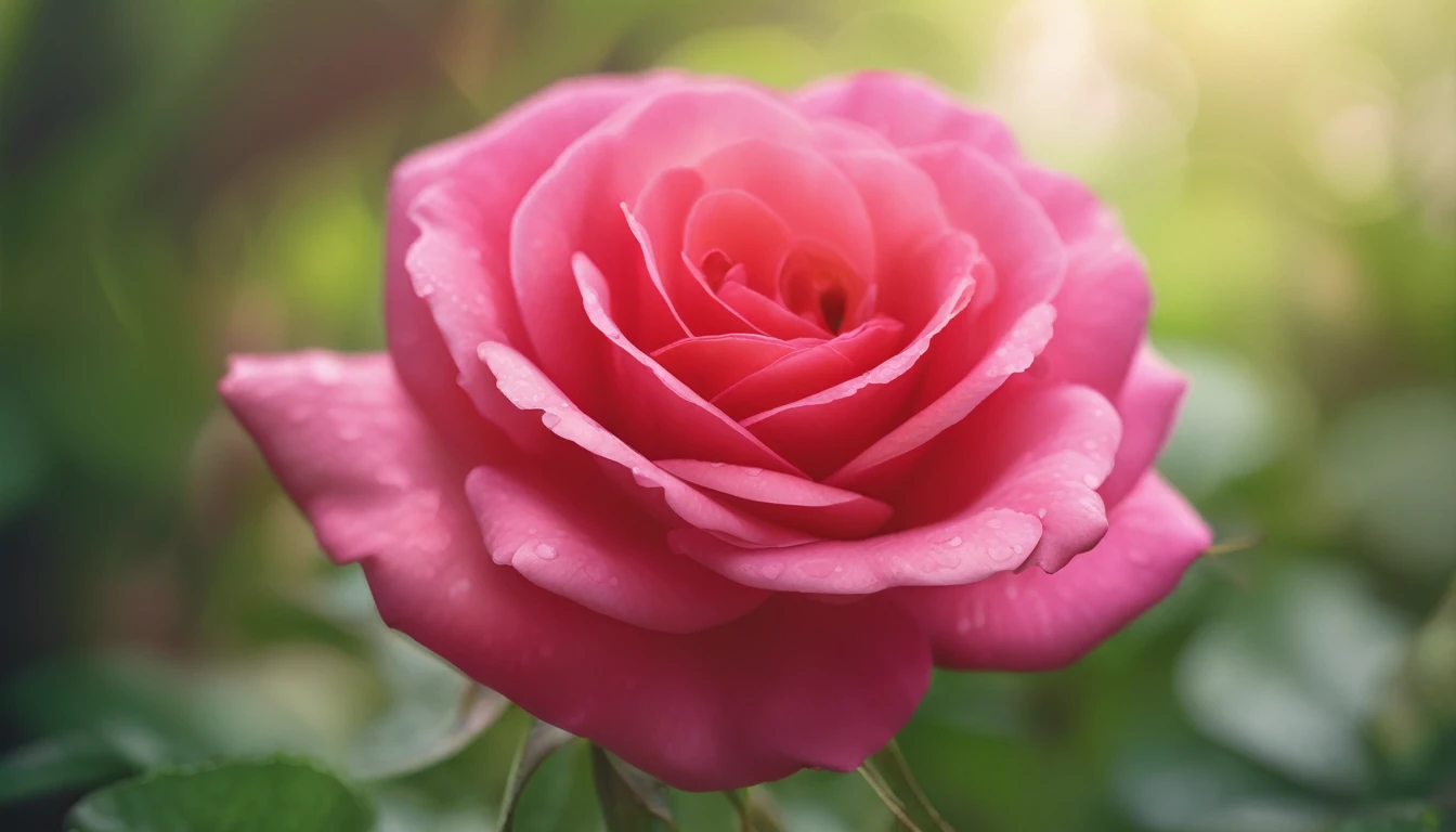 Close-up of vivid red and pink rose centered in the frame, soft focus on surrounding lush green foliage, defocused background creating a bokeh effect, nature's palette in full display, natural light, ultra fine details, digital painting