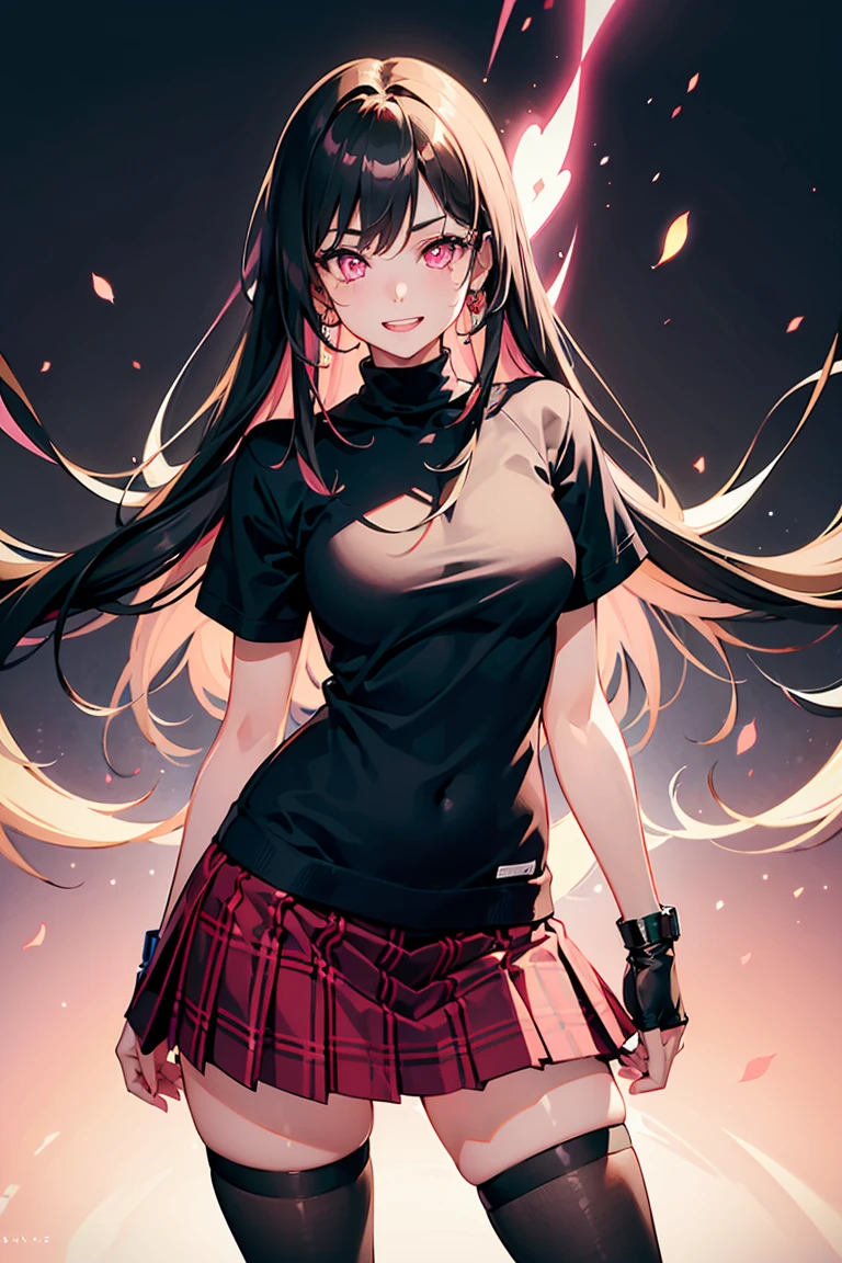((1 Girl)), Latest Trends in Clothing, Red Check Skirt, Black clothes ,Squat, Squat, Street fashion,Cowboy Shot,((Very detailed,Highest quality, High resolution, 8k wallpaper, Beautiful clothes,)),((Black Hair, Long Hair,Straight hair,Both sides up)), (teeth), Grinning face, eye shadow, eyeliner,Glowing Eyes, Very detailed目, Clear Eyes, Beautiful Eyes, ((Glowing pink eyes)), 15-year-old girl.