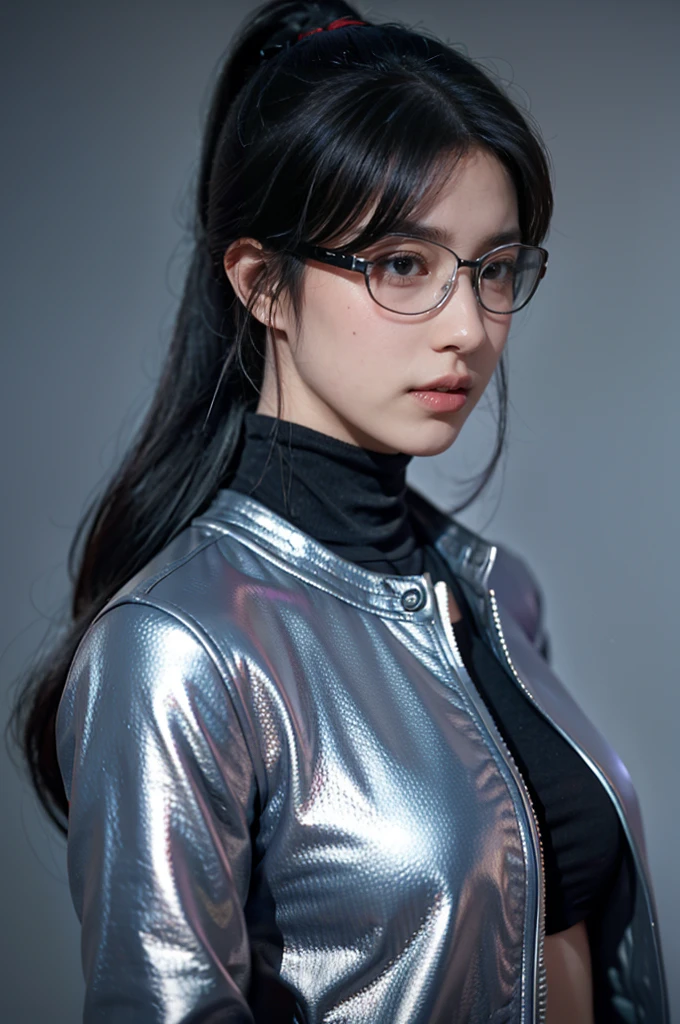 masterpiece，The best quality at its best，High resolution，8K，((Portraiture))，(Head close-up)，Original photo，Actual photo，Digital photography，(Cyberpunk style female special forces fighter)，(special forces)，30 year old girl，Long ponytail，redい帽子、With bangs，The amount of hair is amazing，redい目、No hair)，Big Breasts，Chest groove，(A wealth of ornaments，Futuristic holographic glasses，redい帽子)，Lips parted，Make your lips look more attractive and glamorous，serious and arrogant，calm and handsome，(special forces outfit，Combat Uniform，Leather jacket，red)，Photo pose，Cyberpunk characters，Sci-Fi Style，Gray background，oc rendering reflection texture
