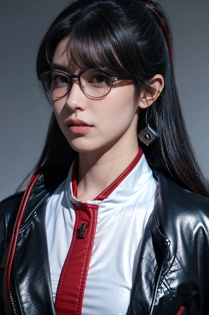 masterpiece,The best quality at its best,High resolution,8K,((Portraiture)),(Head close-up),Original photo,Actual photo,Digital photography,(Cyberpunk style female special forces fighter),(special forces),30 year old girl,Long ponytail,redい帽子、With bangs,The amount of hair is amazing,redい目、No hair),Big Breasts,Chest groove,(A wealth of ornaments,Futuristic holographic glasses,redい帽子),Lips parted,Make your lips look more attractive and glamorous,serious and arrogant,calm and handsome,(special forces outfit,Combat Uniform,Leather jacket,red),Photo pose,Cyberpunk characters,Sci-Fi Style,Gray background,oc rendering reflection texture