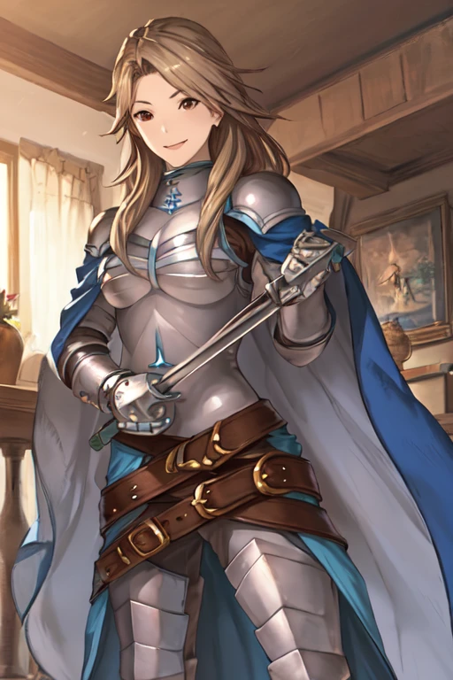 katalina (granblue fantasy), solo, 1girl, armor, gauntlets, belt, breastplate, shoulder armor, cape, cape covers, pauldrons, pants, room, smile, standing, best quality, masterpiece 