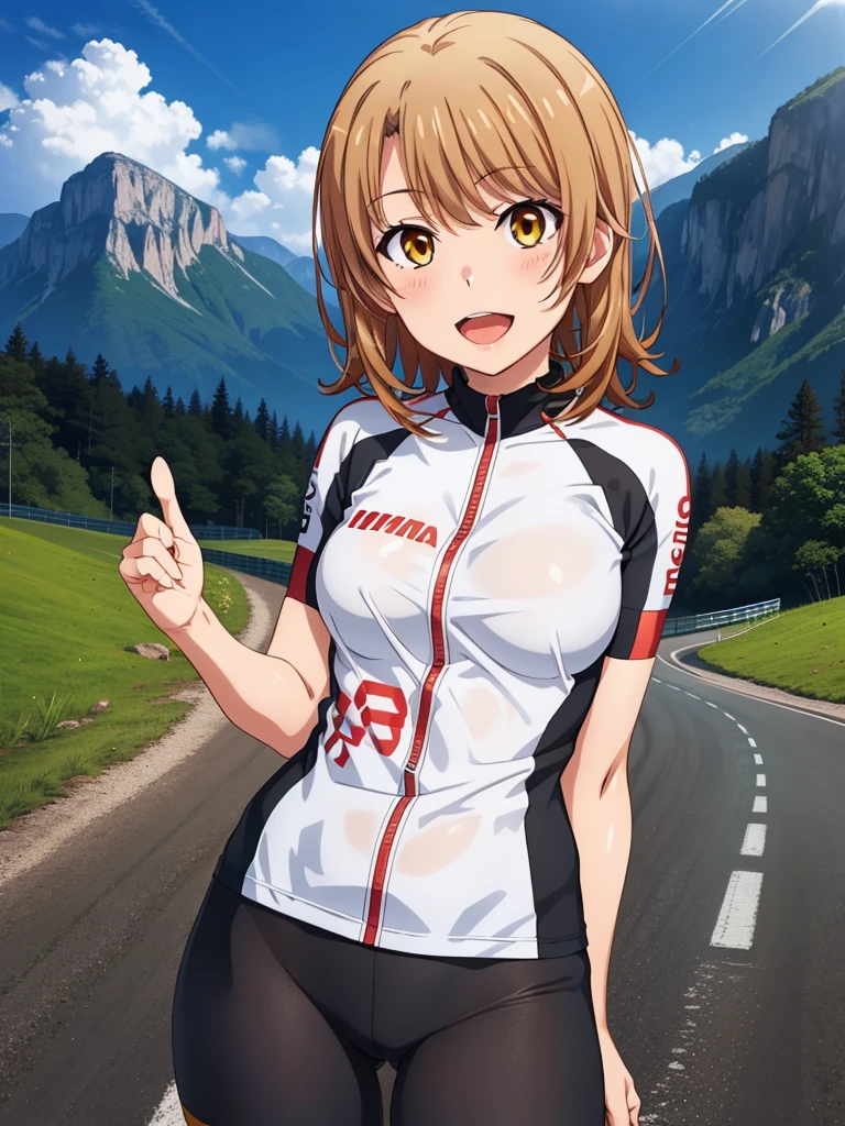 ((muste piece, best quality, High resolution, ticker, perfect pixel, Depth of bounds written, In 4K, )), 1 girl, solo, , beautiful anime girl, beautiful art style, close up of breasts, Looking at Viewer, perfect body, (isshiki iroha:1.3), slim, short hair, brown hair, midium breasts, full face blush, open mouth, smile, cycling jersey, cycling half pants, cowboy shot, looking at viewer, standing, arm at side, thumb up, on the mountain road