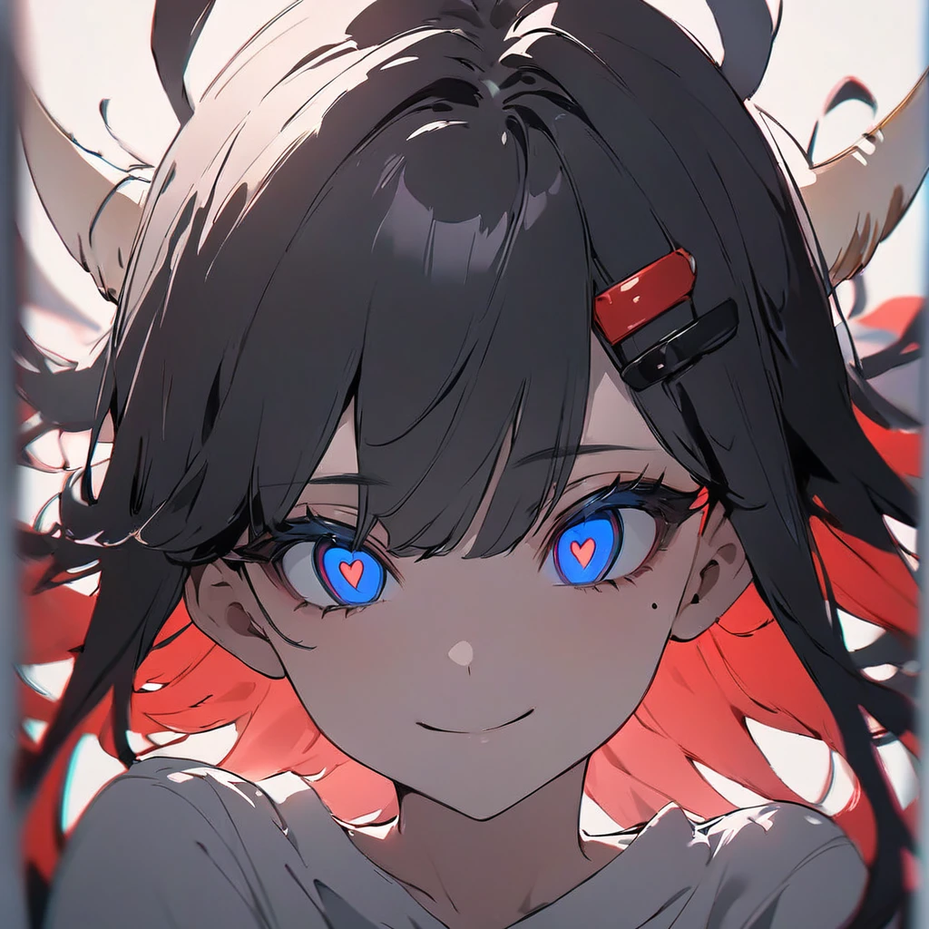 black hair, long eyelashes, light smile, tusk, striated hair, multicolored hair, colored inner hair, red hair, hair clip, mole under eyes, incompatible pupils, empty eyes, empty eyes, dilated pupils, heart-shaped pupils, smiling, shadow, anaglyph, depth of field, motion blur, brightness, color field painting, anime style, 8k, super detail, best quality, UHD, 8k