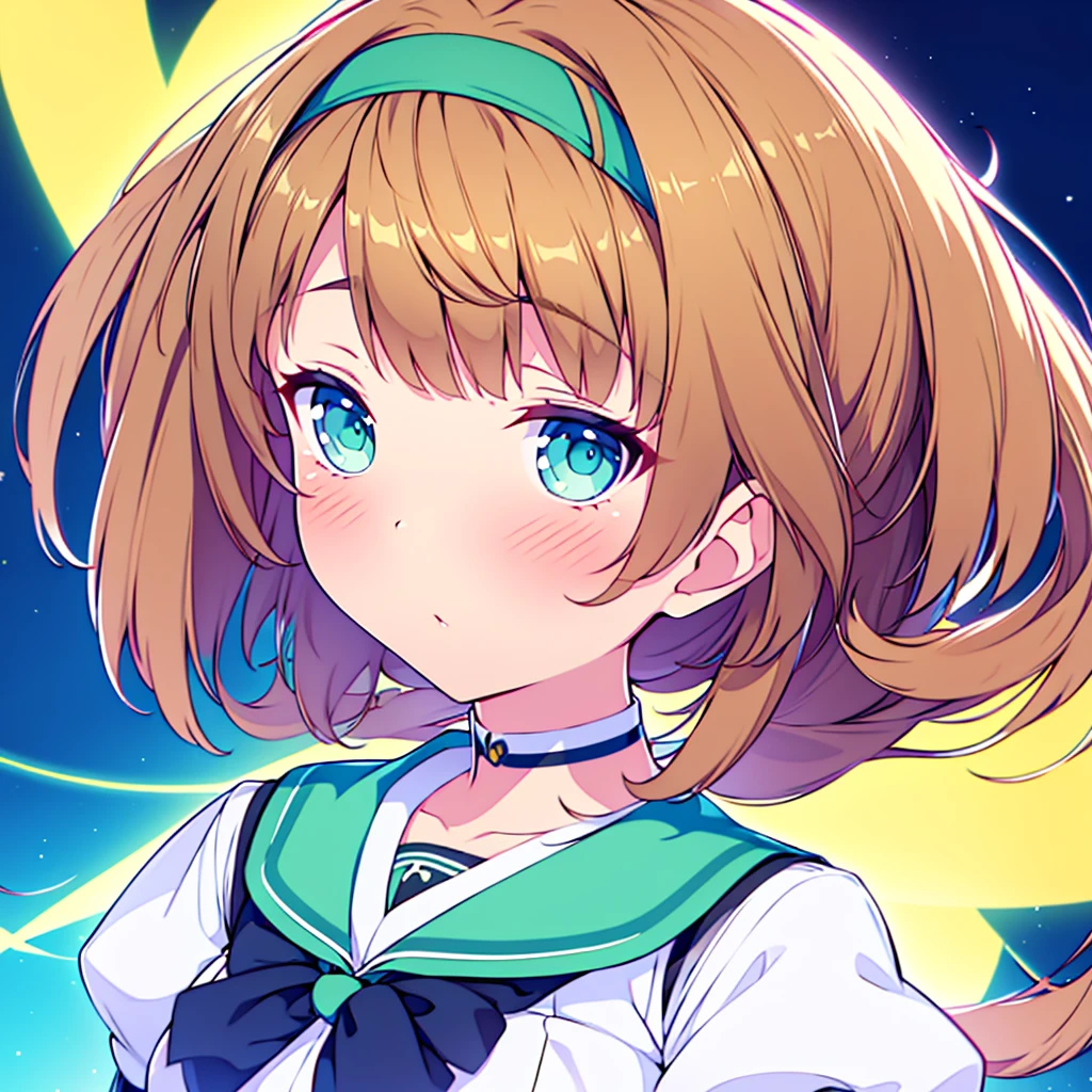 (best quality,4k,highres),ultra-detailed,realistic,portraits,green eyes, long brown hair,anime style,futuristic,Y2K aesthetic,ribbon headband,small breast,futuristic sailor ta dress,puffy sleeves,white and blue,colorful lighting. Full body