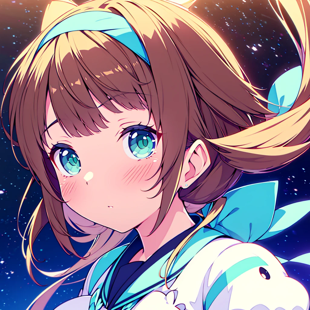 (best quality,4k,highres),ultra-detailed,realistic,portraits,green eyes, long brown hair,anime style,futuristic,Y2K aesthetic,ribbon headband,small breast,futuristic sailor ****ta dress,puffy sleeves,white and blue,colorful lighting. Full body