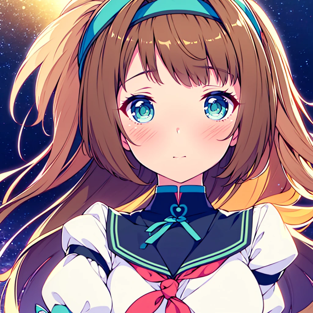 (best quality,4k,highres),ultra-detailed,realistic,portraits,green eyes, long brown hair,anime style,futuristic,Y2K aesthetic,ribbon headband,small breast,futuristic sailor lolita dress,puffy sleeves,white and blue,colorful lighting. Full body