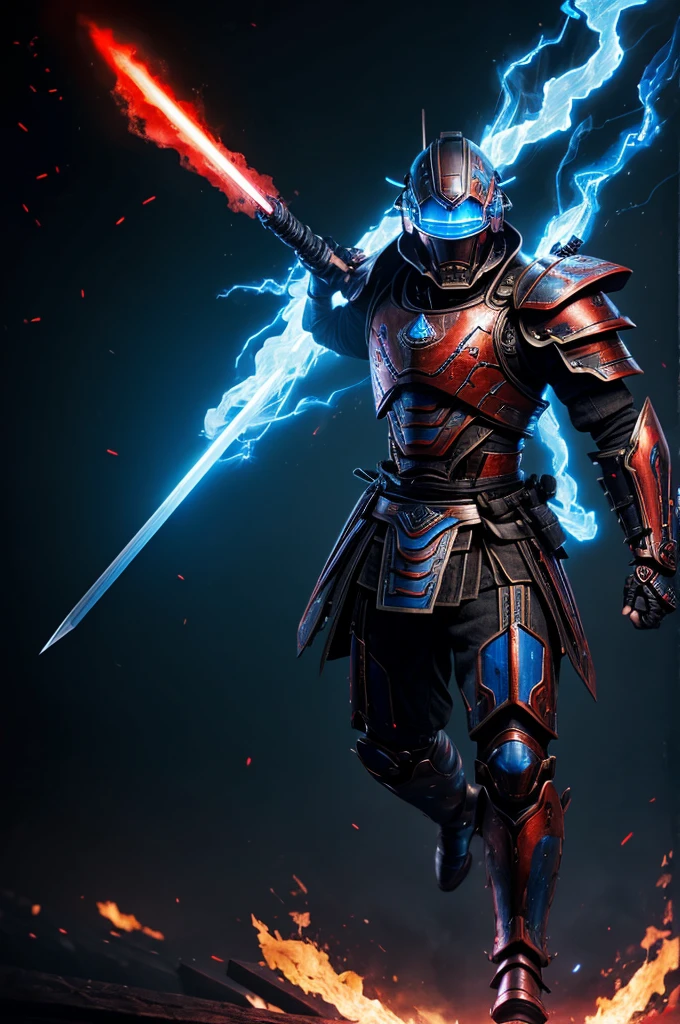 A black armored automaton carrying 2 katanas lit in blue fire, a strong reddish neon visor, a cannon on the shoulder emanating energy